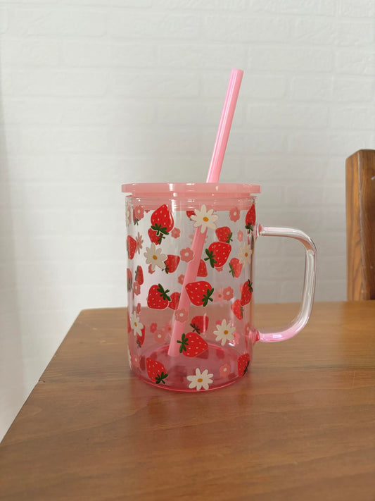 Tasse avec paille et couvercle - Fraises / Rose