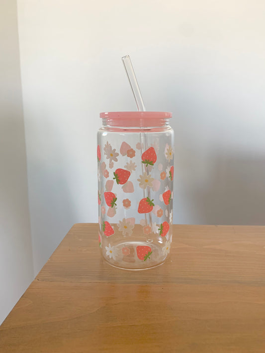 Verre avec couvercle et paille - Fraises