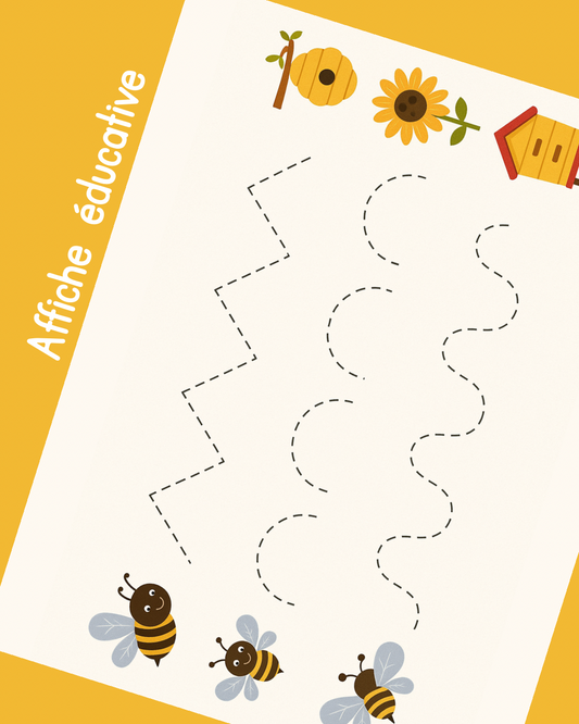I9 - Affiche éducative - Apprendre à tracer les lignes - Abeilles