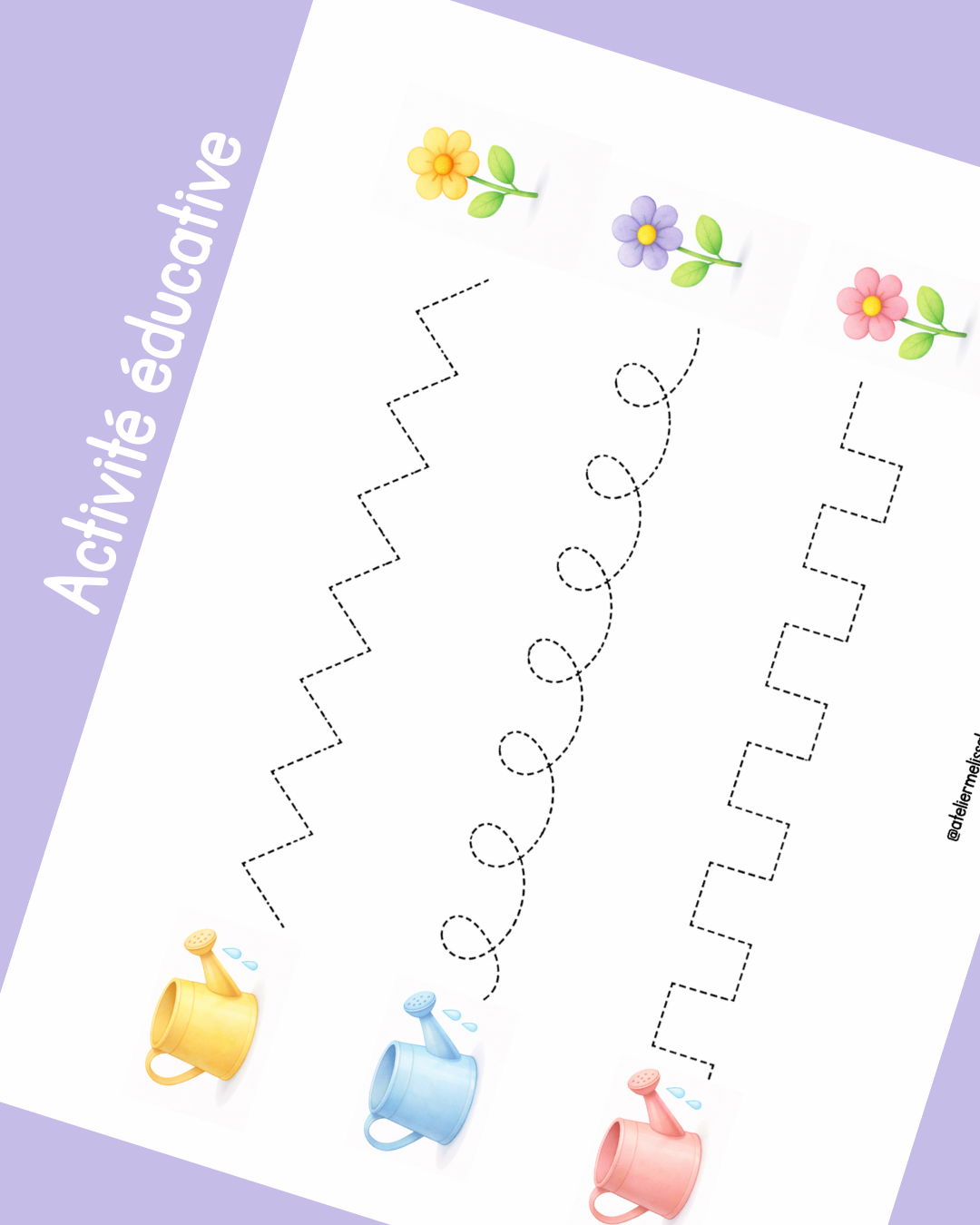 I68- Activité éducative - Apprendre à tracer les lignes - Arrosoirs et fleurs